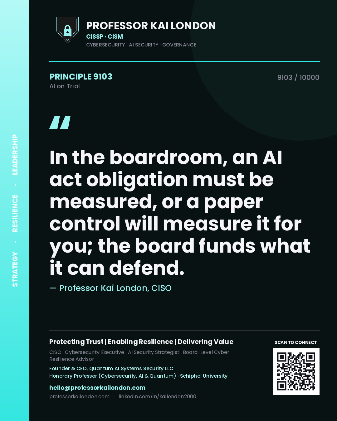 Professor Kai London principle 9103: In the boardroom, an AI act obligation must be measured, or a paper control will measure it for you; the board funds what it can defend.