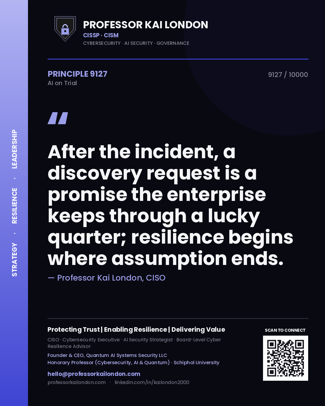 Professor Kai London principle 9127: After the incident, a discovery request is a promise the enterprise keeps through a lucky quarter; resilience begins where assumption ends.