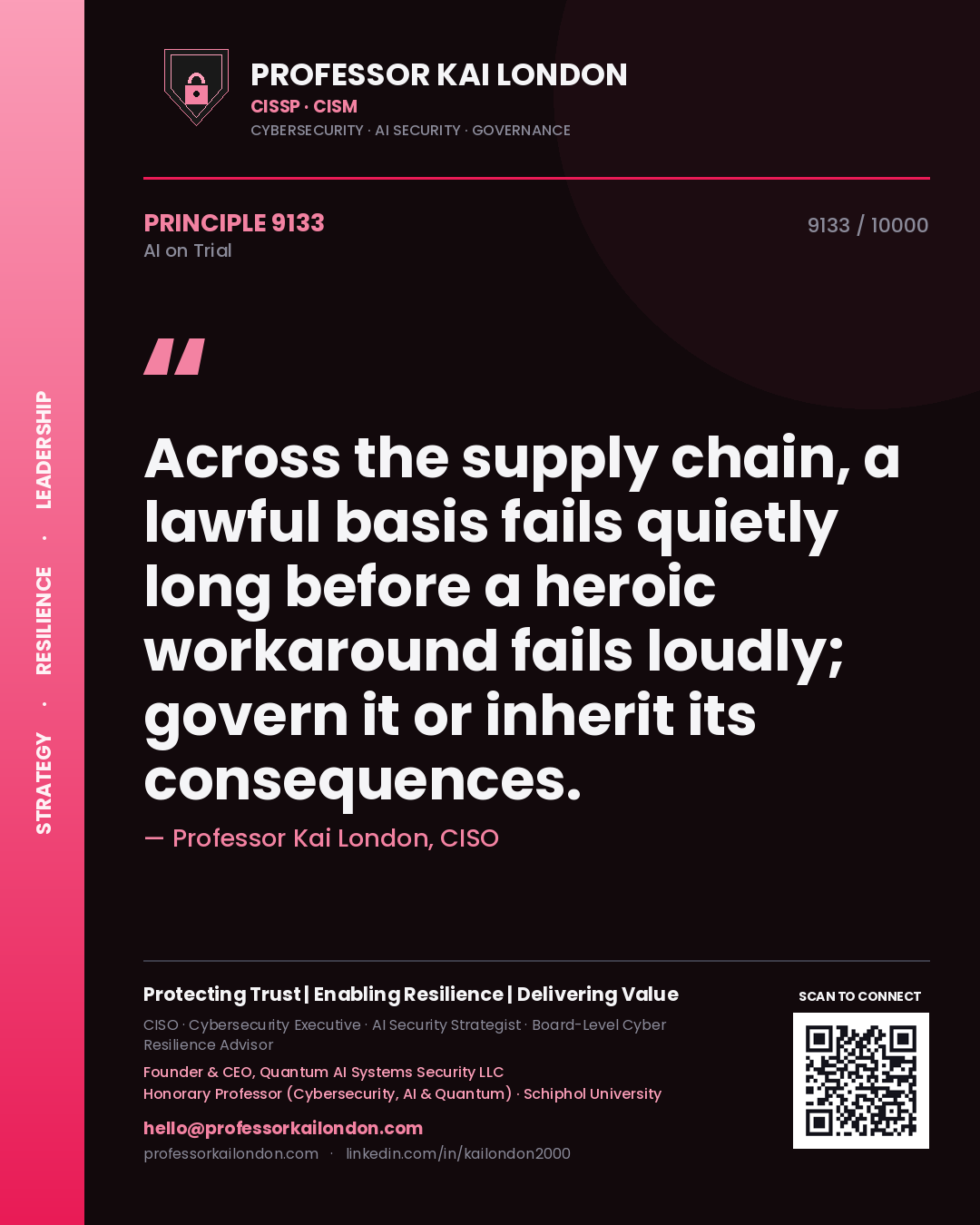 Professor Kai London principle 9133: Across the supply chain, a lawful basis fails quietly long before a heroic workaround fails loudly; govern it or inherit its consequences.