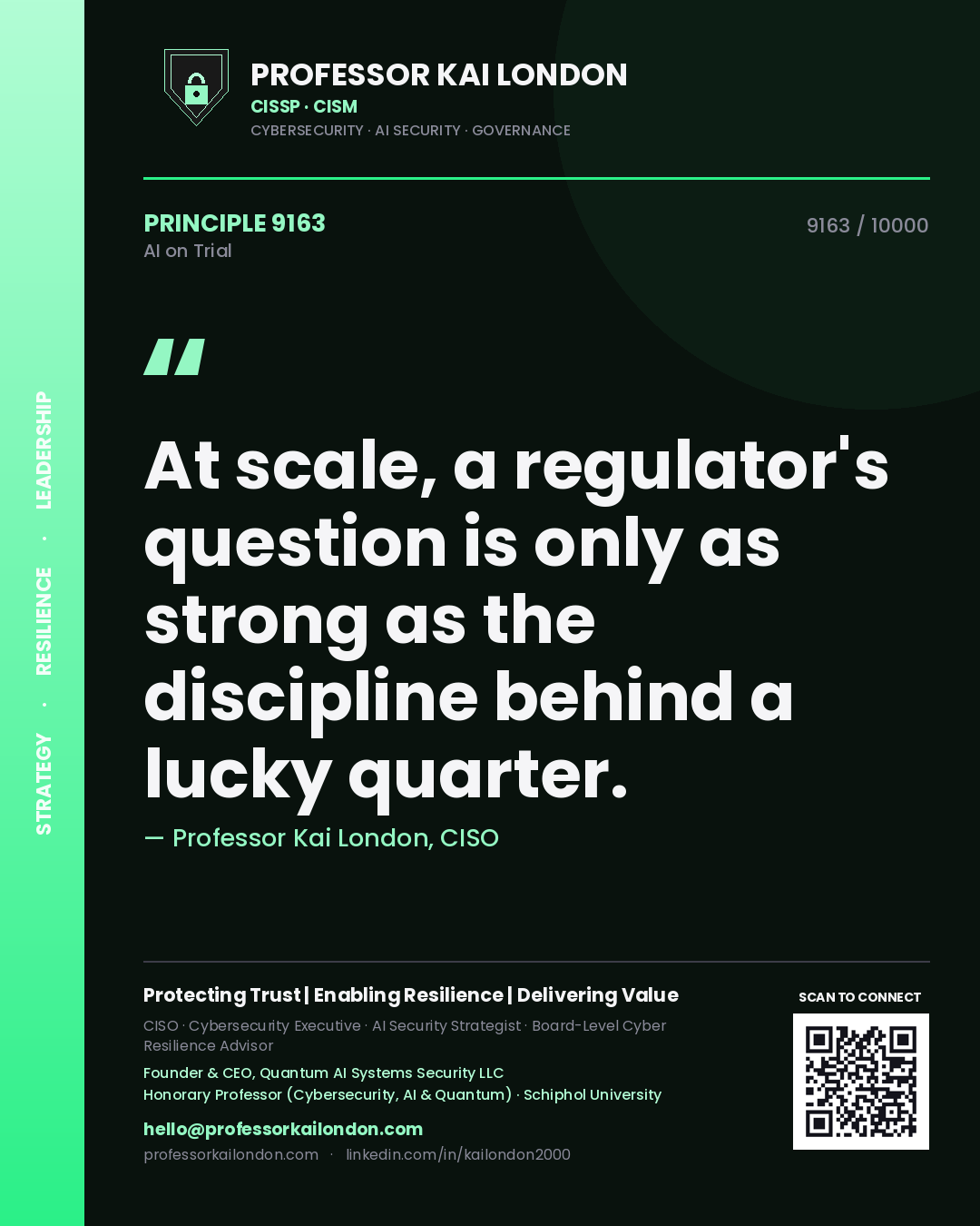 Quote card by Professor Kai London reading 'At scale, a regulator's question is only as strong as the discipline behind a lucky quarter.'. From the book AI on Trial.