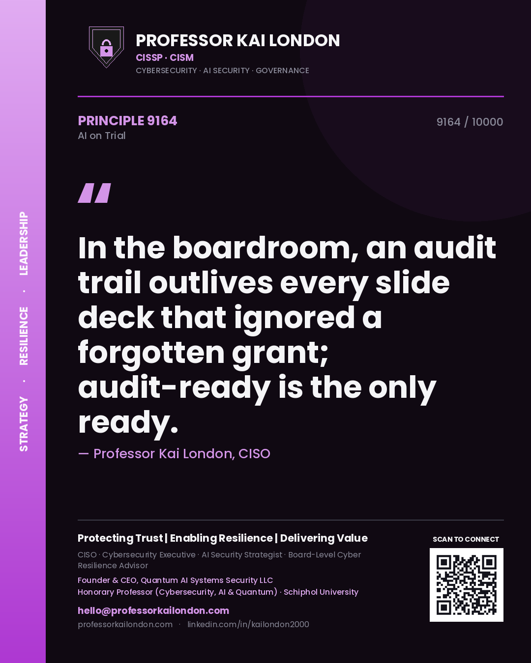 Professor Kai London principle 9164: In the boardroom, an audit trail outlives every slide deck that ignored a forgotten grant; audit-ready is the only ready.