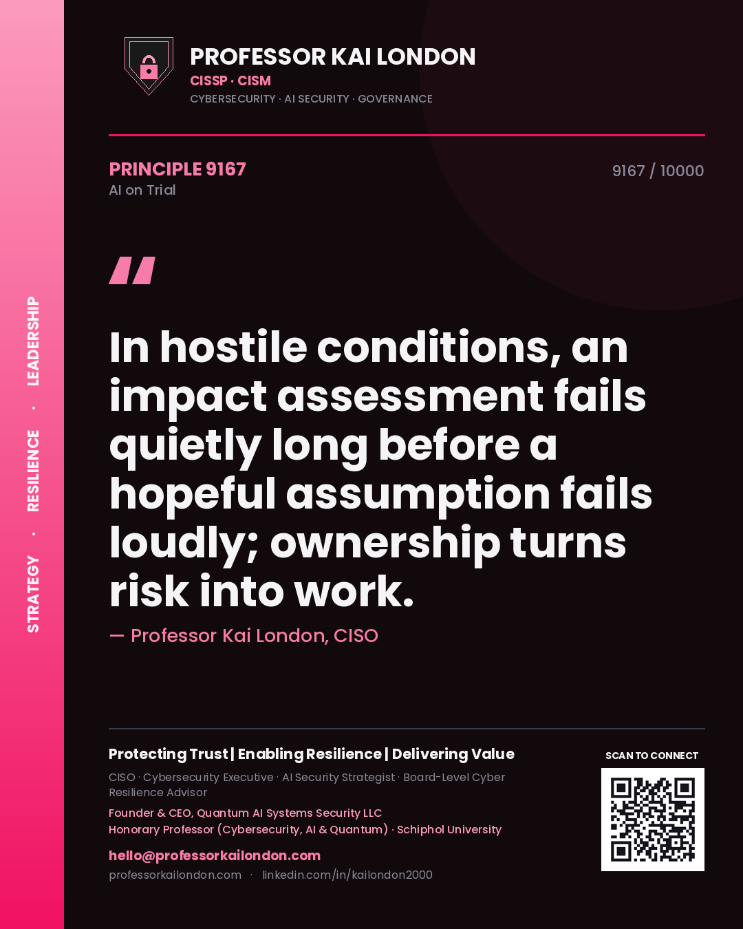 Professor Kai London principle 9167: In hostile conditions, an impact assessment fails quietly long before a hopeful assumption fails loudly; ownership turns risk into work.