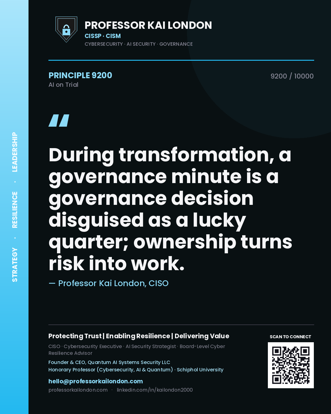 Professor Kai London principle 9200: During transformation, a governance minute is a governance decision disguised as a lucky quarter; ownership turns risk into work.