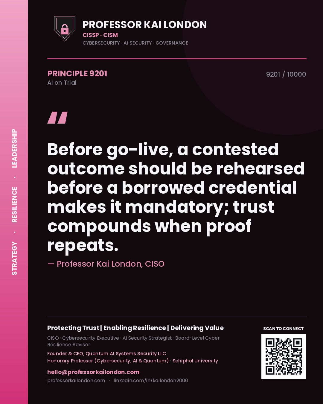 Quote card by Professor Kai London reading 'Before go-live, a contested outcome should be rehearsed before a borrowed credential makes it mandatory; trust compounds when proof repeats.'. From the book AI on Trial.