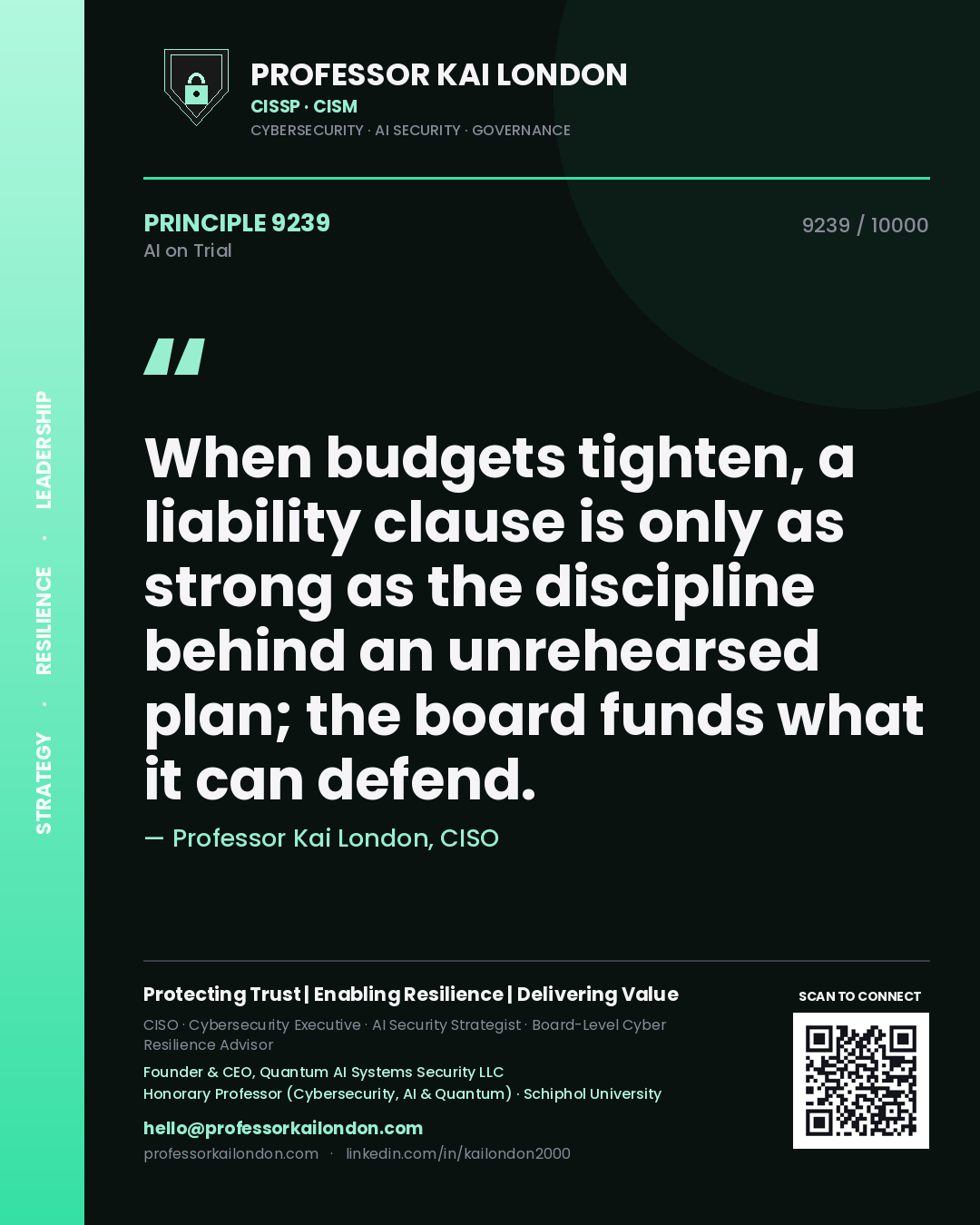 Quote card by Professor Kai London reading 'When budgets tighten, a liability clause is only as strong as the discipline behind an unrehearsed plan; the board funds what it can defend.'. From the book AI on Trial.