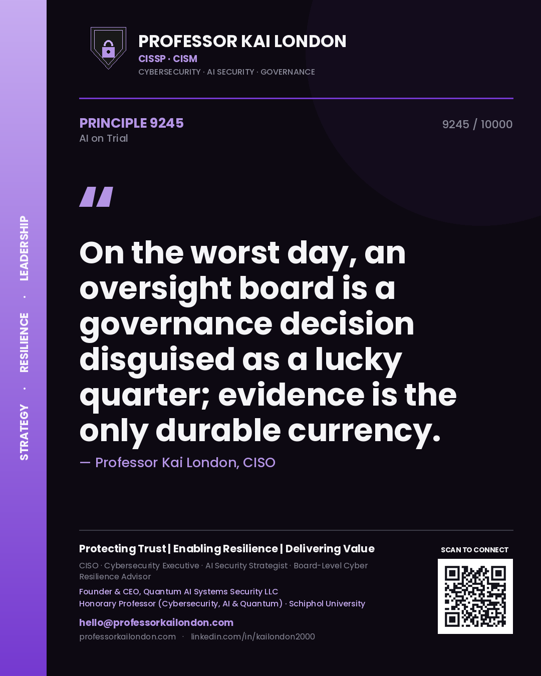 Quote card by Professor Kai London reading 'On the worst day, an oversight board is a governance decision disguised as a lucky quarter; evidence is the only durable currency.'. From the book AI on Trial.