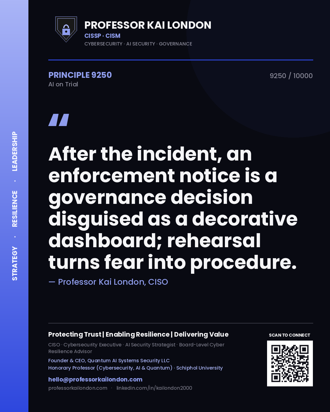 Professor Kai London principle 9250: After the incident, an enforcement notice is a governance decision disguised as a decorative dashboard; rehearsal turns fear into procedure.