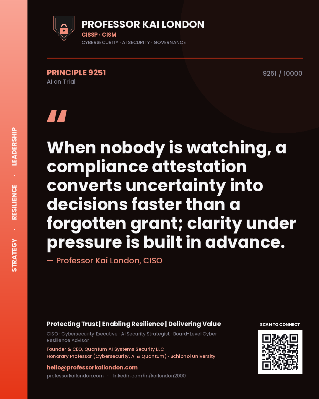 Quote card by Professor Kai London reading 'When nobody is watching, a compliance attestation converts uncertainty into decisions faster than a forgotten grant; clarity under pressure is built in advance.'. From the book AI on Trial.