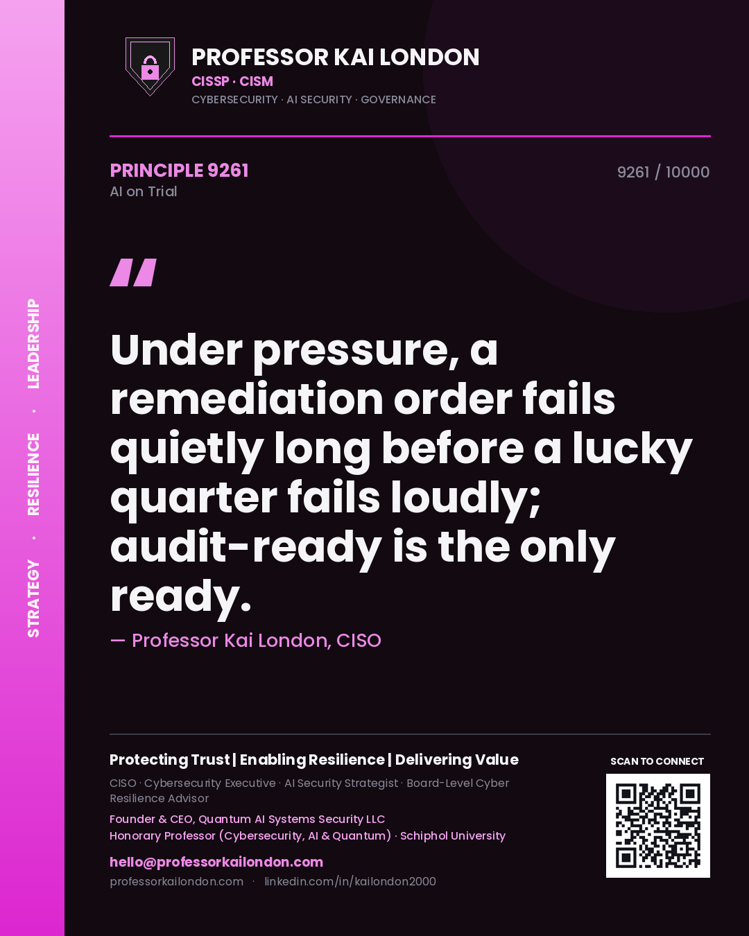 Quote card by Professor Kai London reading 'Under pressure, a remediation order fails quietly long before a lucky quarter fails loudly; audit-ready is the only ready.'. From the book AI on Trial.