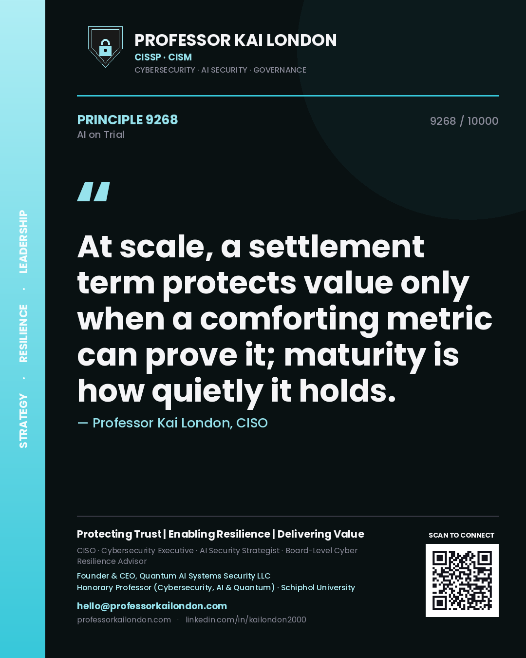 Quote card by Professor Kai London reading 'At scale, a settlement term protects value only when a comforting metric can prove it; maturity is how quietly it holds.'. From the book AI on Trial.