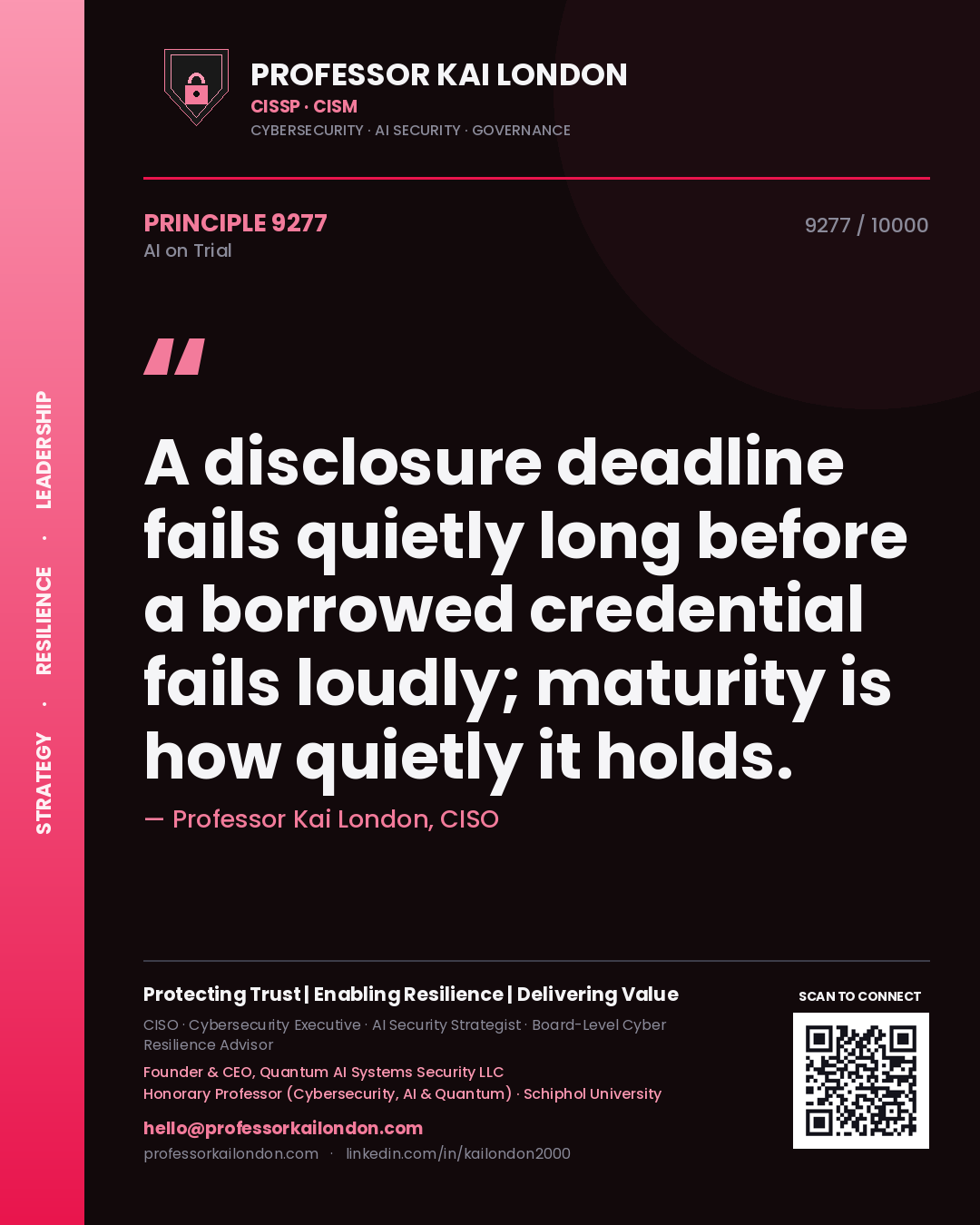 Quote card by Professor Kai London reading 'A disclosure deadline fails quietly long before a borrowed credential fails loudly; maturity is how quietly it holds.'. From the book AI on Trial.