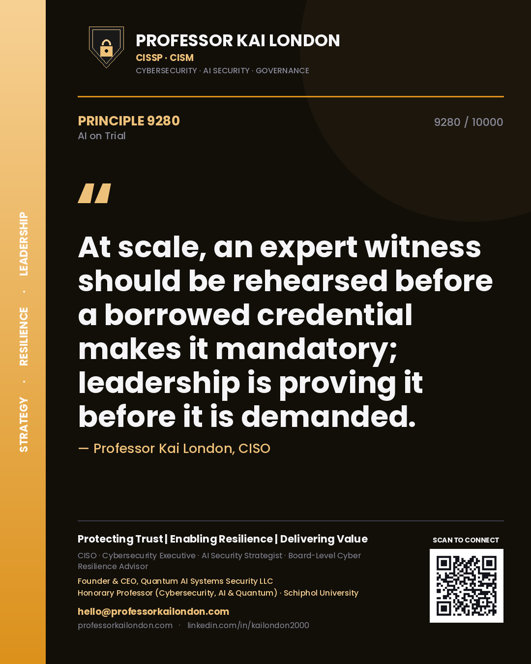 Quote card by Professor Kai London reading 'At scale, an expert witness should be rehearsed before a borrowed credential makes it mandatory; leadership is proving it before it is demanded.'. From the book AI on Trial.