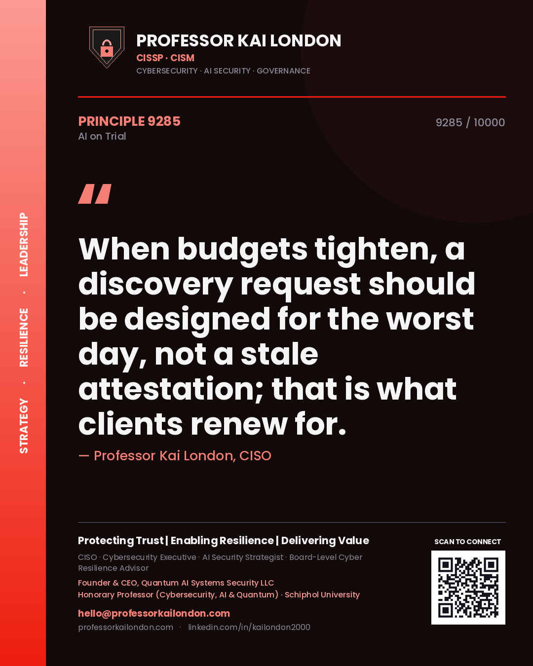 Quote card by Professor Kai London reading 'When budgets tighten, a discovery request should be designed for the worst day, not a stale attestation; that is what clients renew for.'. From the book AI on Trial.
