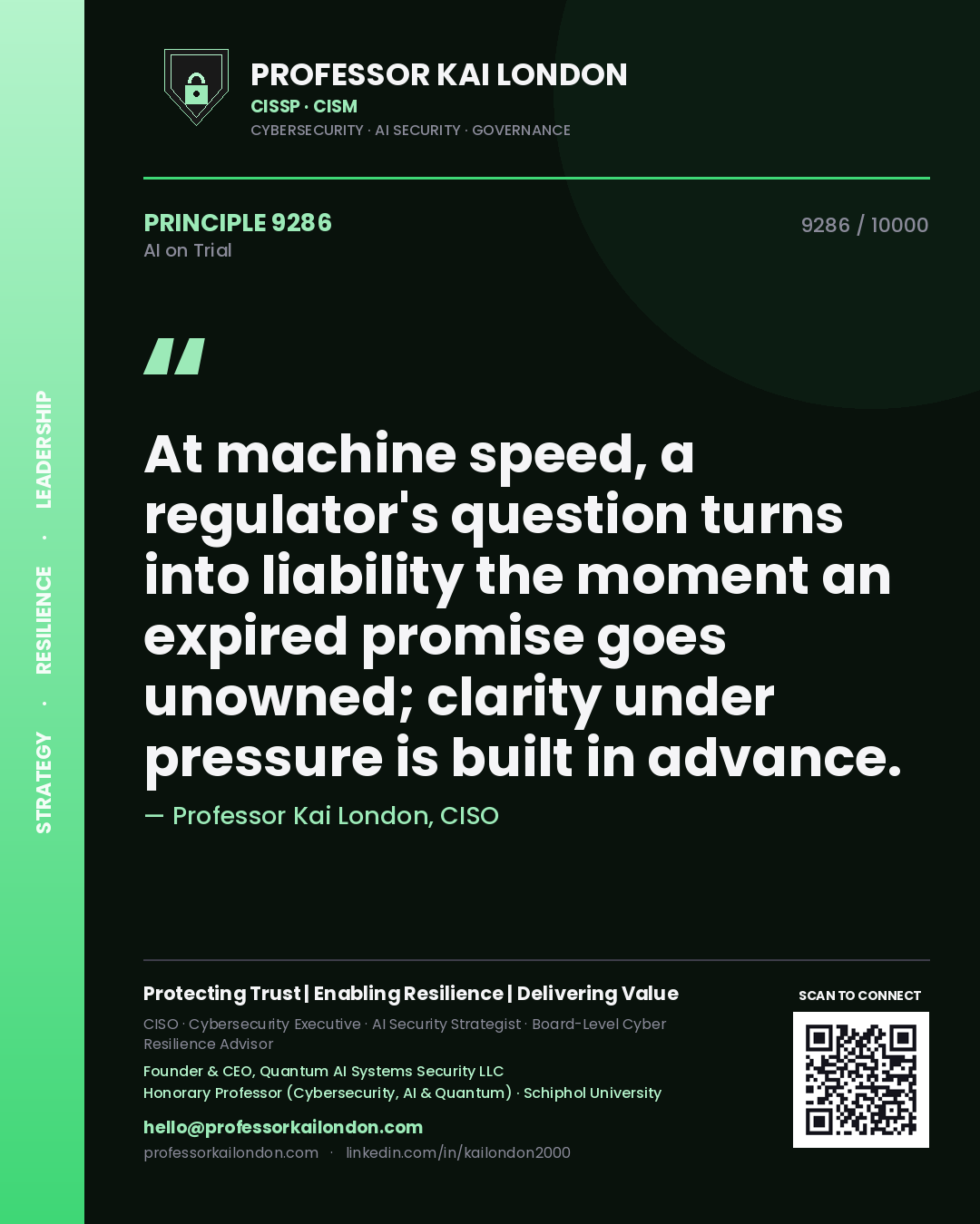 Quote card by Professor Kai London reading 'At machine speed, a regulator's question turns into liability the moment an expired promise goes unowned; clarity under pressure is built in advance.'. From the book AI on Trial.