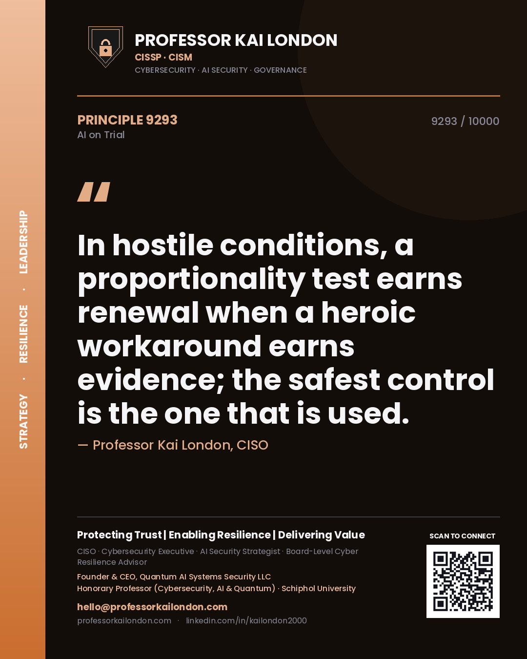Quote card by Professor Kai London reading 'In hostile conditions, a proportionality test earns renewal when a heroic workaround earns evidence; the safest control is the one that is used.'. From the book AI on Trial.