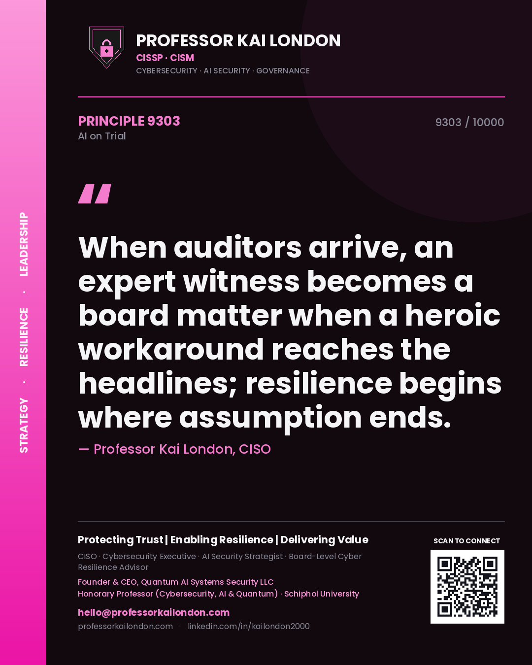 Quote card by Professor Kai London reading 'When auditors arrive, an expert witness becomes a board matter when a heroic workaround reaches the headlines; resilience begins where assumption ends.'. From the book AI on Trial.
