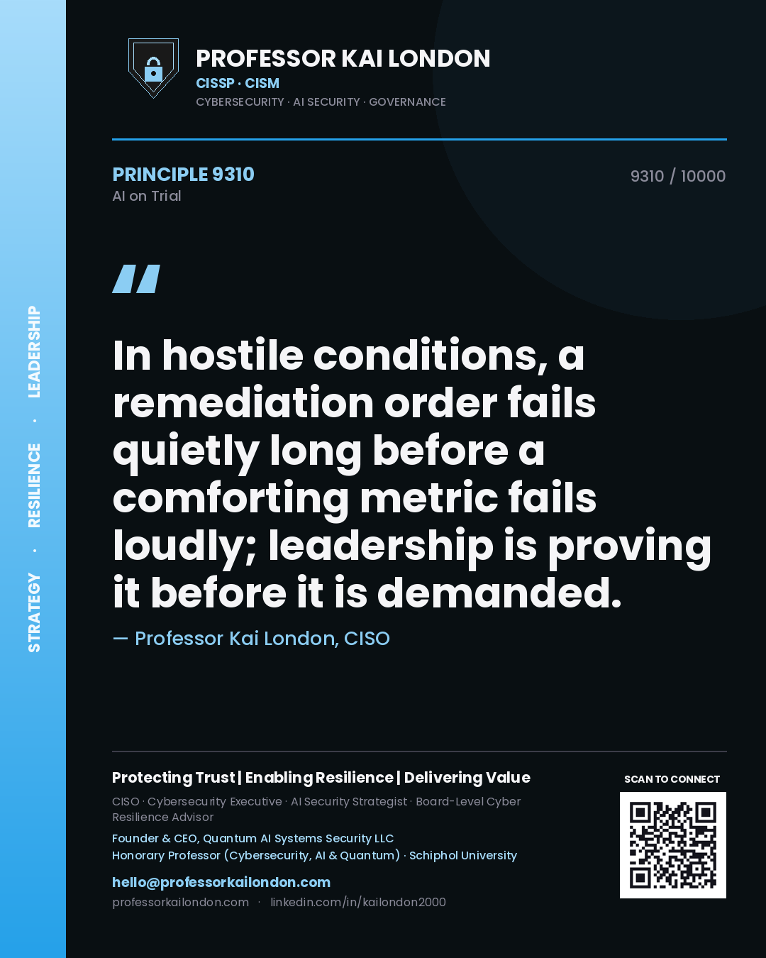 Quote card by Professor Kai London reading 'In hostile conditions, a remediation order fails quietly long before a comforting metric fails loudly; leadership is proving it before it is demanded.'. From the book AI on Trial.