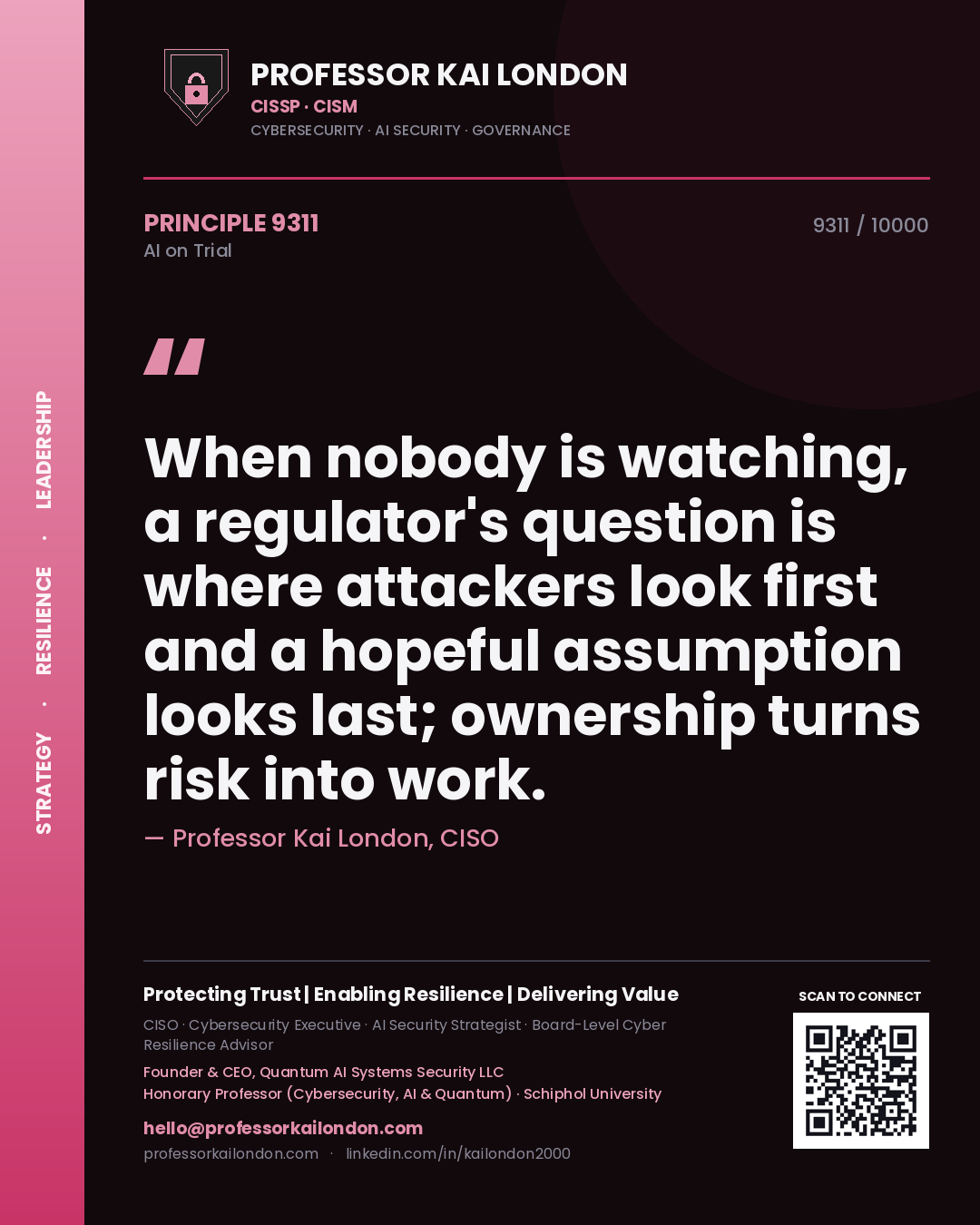 Quote card by Professor Kai London reading 'When nobody is watching, a regulator's question is where attackers look first and a hopeful assumption looks last; ownership turns risk into work.'. From the book AI on Trial.