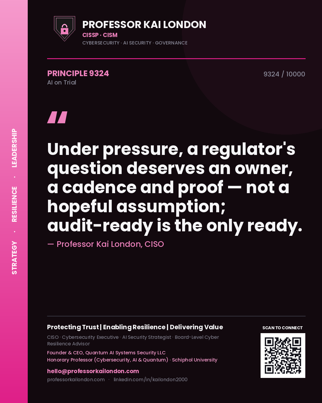 Quote card by Professor Kai London reading 'Under pressure, a regulator's question deserves an owner, a cadence and proof — not a hopeful assumption; audit-ready is the only ready.'. From the book AI on Trial.