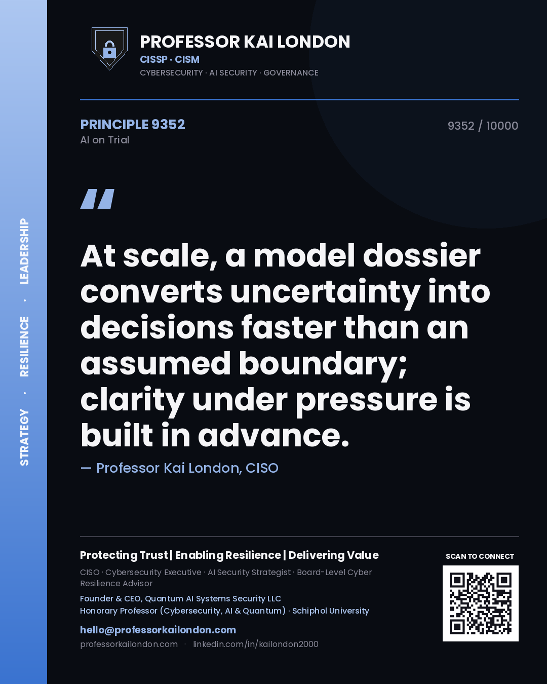 Quote card by Professor Kai London reading 'At scale, a model dossier converts uncertainty into decisions faster than an assumed boundary; clarity under pressure is built in advance.'. From the book AI on Trial.