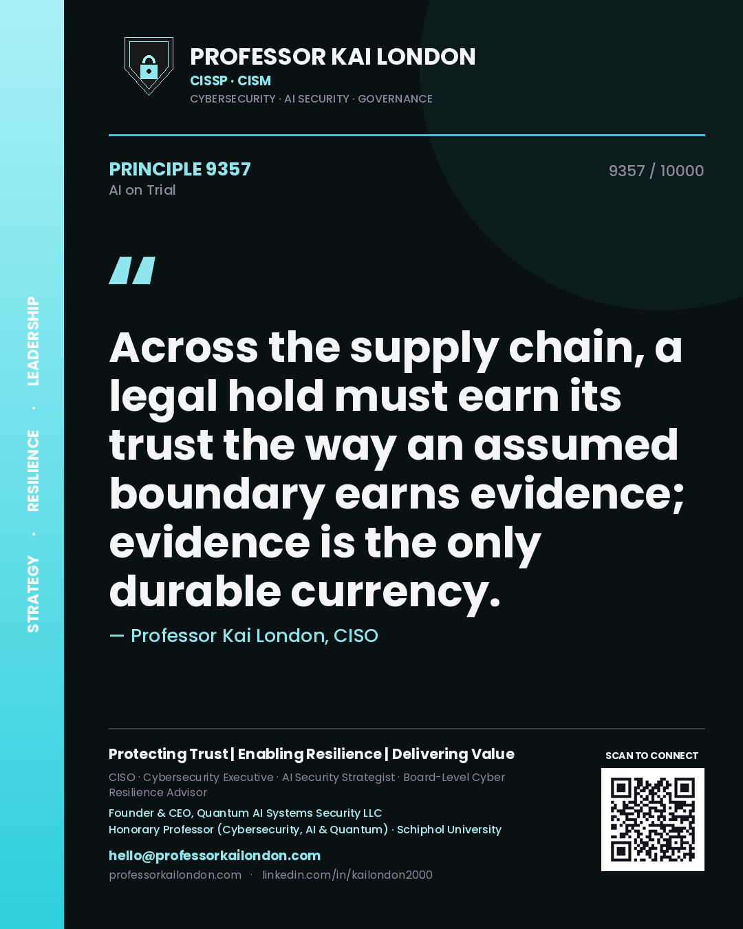 Professor Kai London principle 9357: Across the supply chain, a legal hold must earn its trust the way an assumed boundary earns evidence; evidence is the only durable currency.
