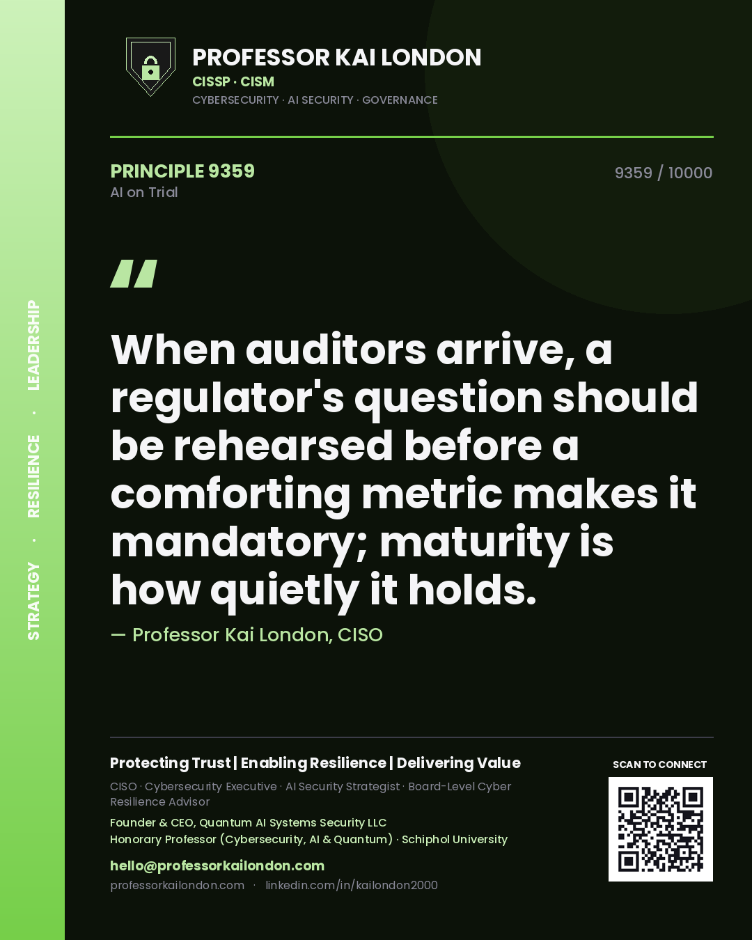 Quote card by Professor Kai London reading 'When auditors arrive, a regulator's question should be rehearsed before a comforting metric makes it mandatory; maturity is how quietly it holds.'. From the book AI on Trial.