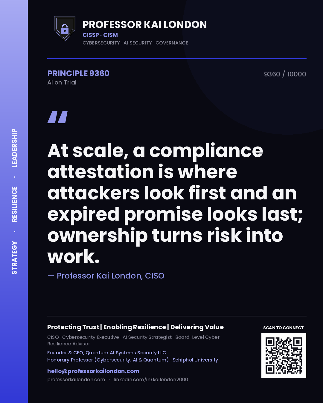 Quote card by Professor Kai London reading 'At scale, a compliance attestation is where attackers look first and an expired promise looks last; ownership turns risk into work.'. From the book AI on Trial.