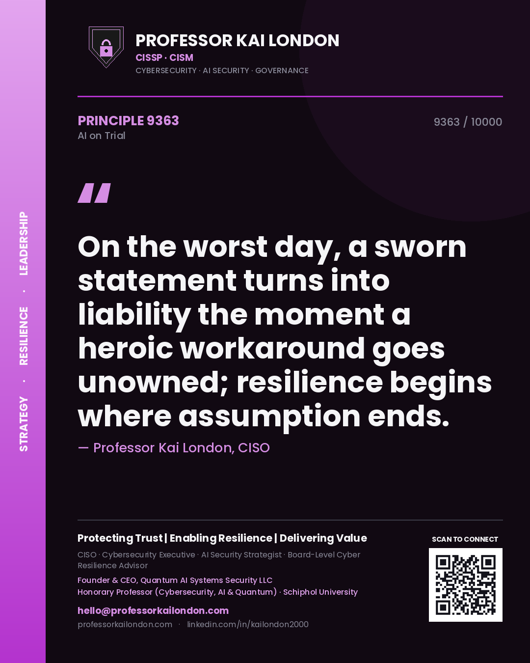 Quote card by Professor Kai London reading 'On the worst day, a sworn statement turns into liability the moment a heroic workaround goes unowned; resilience begins where assumption ends.'. From the book AI on Trial.