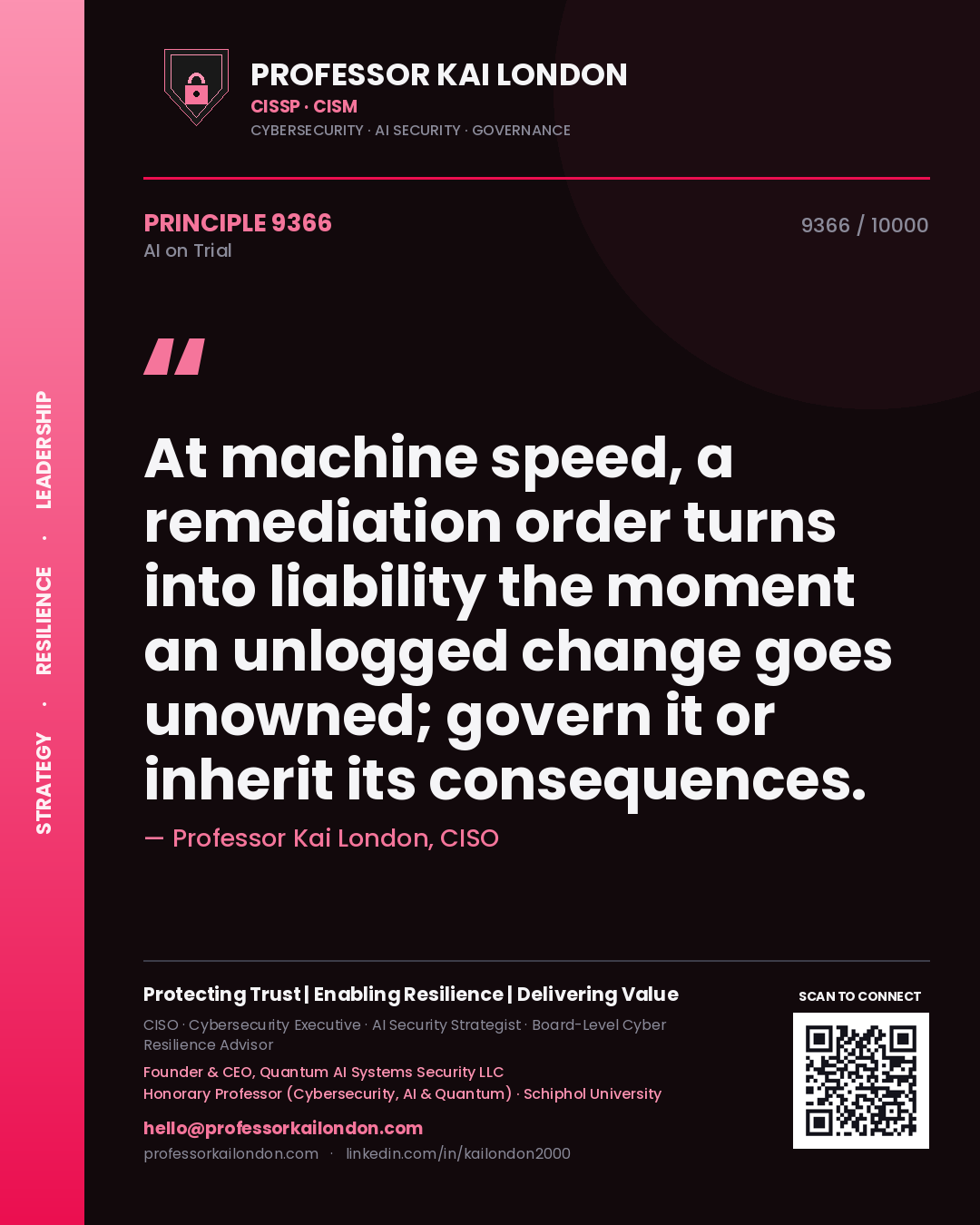 Quote card by Professor Kai London reading 'At machine speed, a remediation order turns into liability the moment an unlogged change goes unowned; govern it or inherit its consequences.'. From the book AI on Trial.