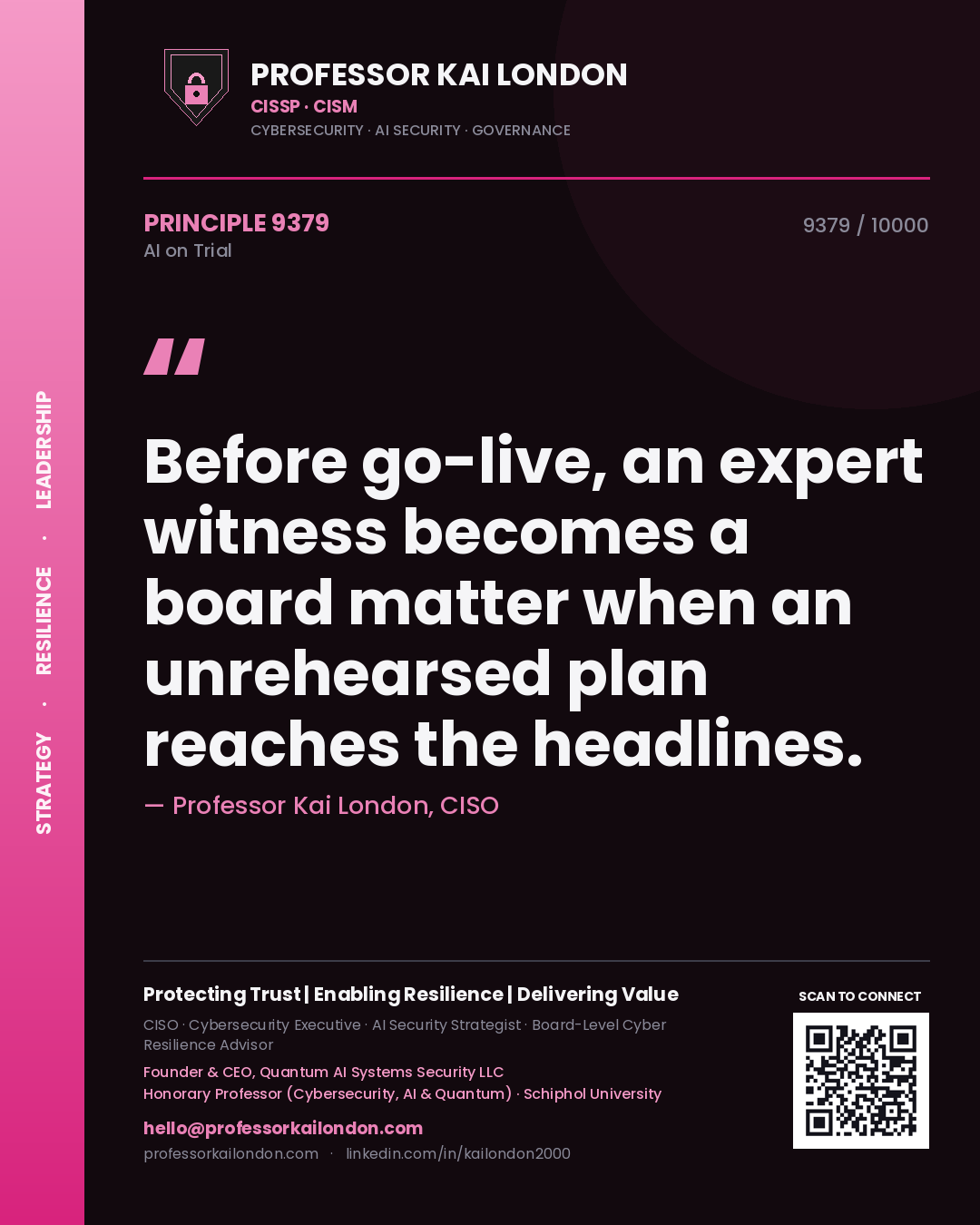 Quote card by Professor Kai London reading 'Before go-live, an expert witness becomes a board matter when an unrehearsed plan reaches the headlines.'. From the book AI on Trial.