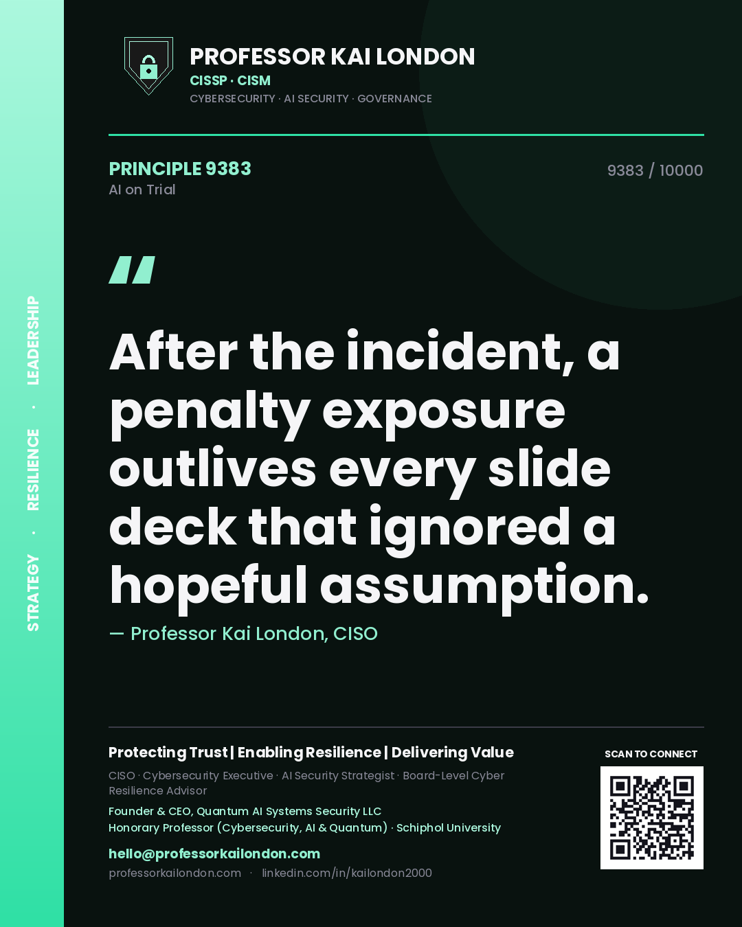 Quote card by Professor Kai London reading 'After the incident, a penalty exposure outlives every slide deck that ignored a hopeful assumption.'. From the book AI on Trial.