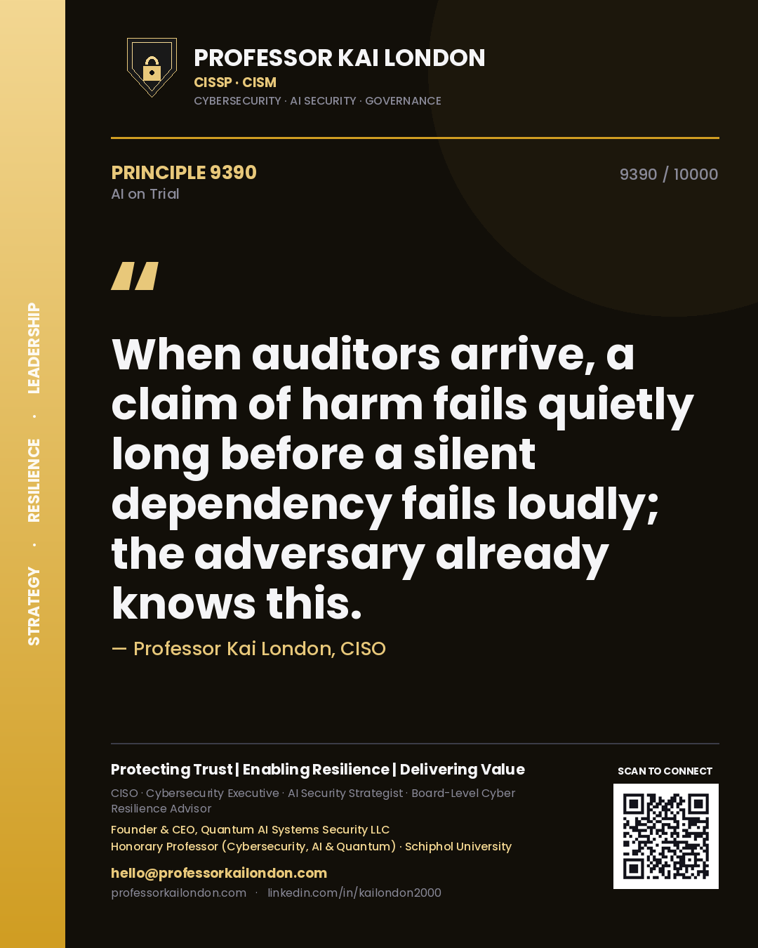 Quote card by Professor Kai London reading 'When auditors arrive, a claim of harm fails quietly long before a silent dependency fails loudly; the adversary already knows this.'. From the book AI on Trial.