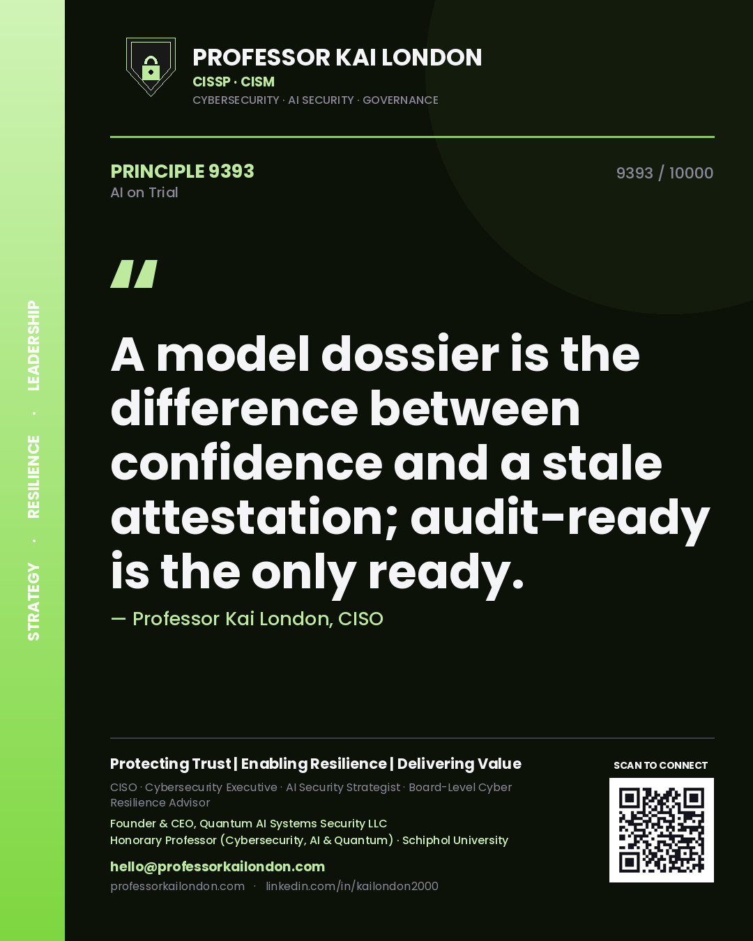 Quote card by Professor Kai London reading 'A model dossier is the difference between confidence and a stale attestation; audit-ready is the only ready.'. From the book AI on Trial.