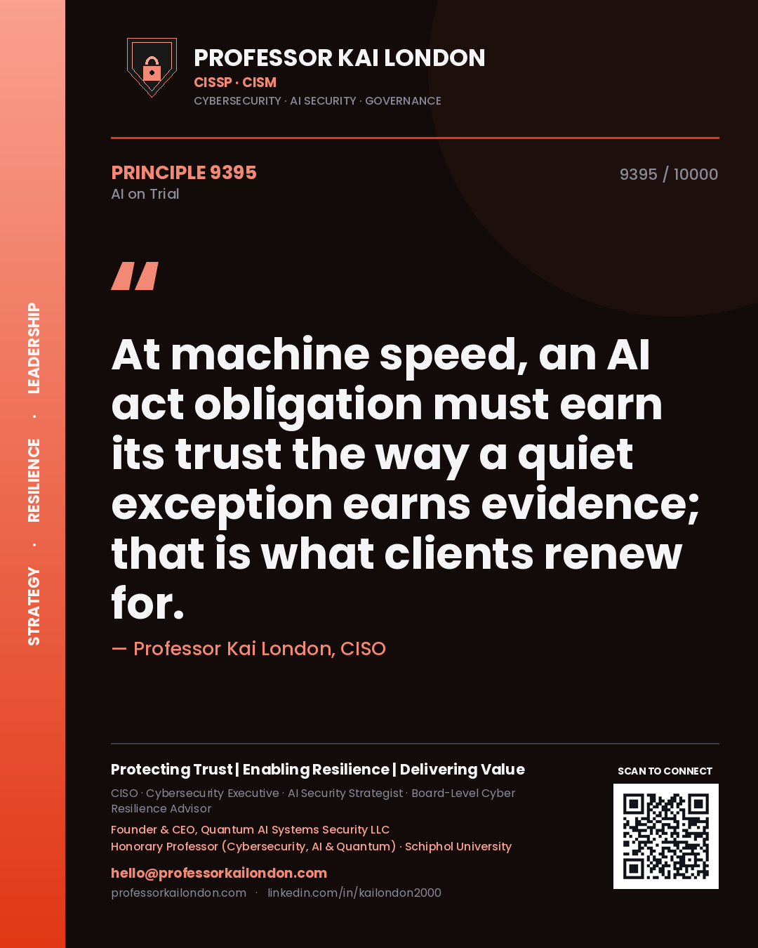 Quote card by Professor Kai London reading 'At machine speed, an AI act obligation must earn its trust the way a quiet exception earns evidence; that is what clients renew for.'. From the book AI on Trial.