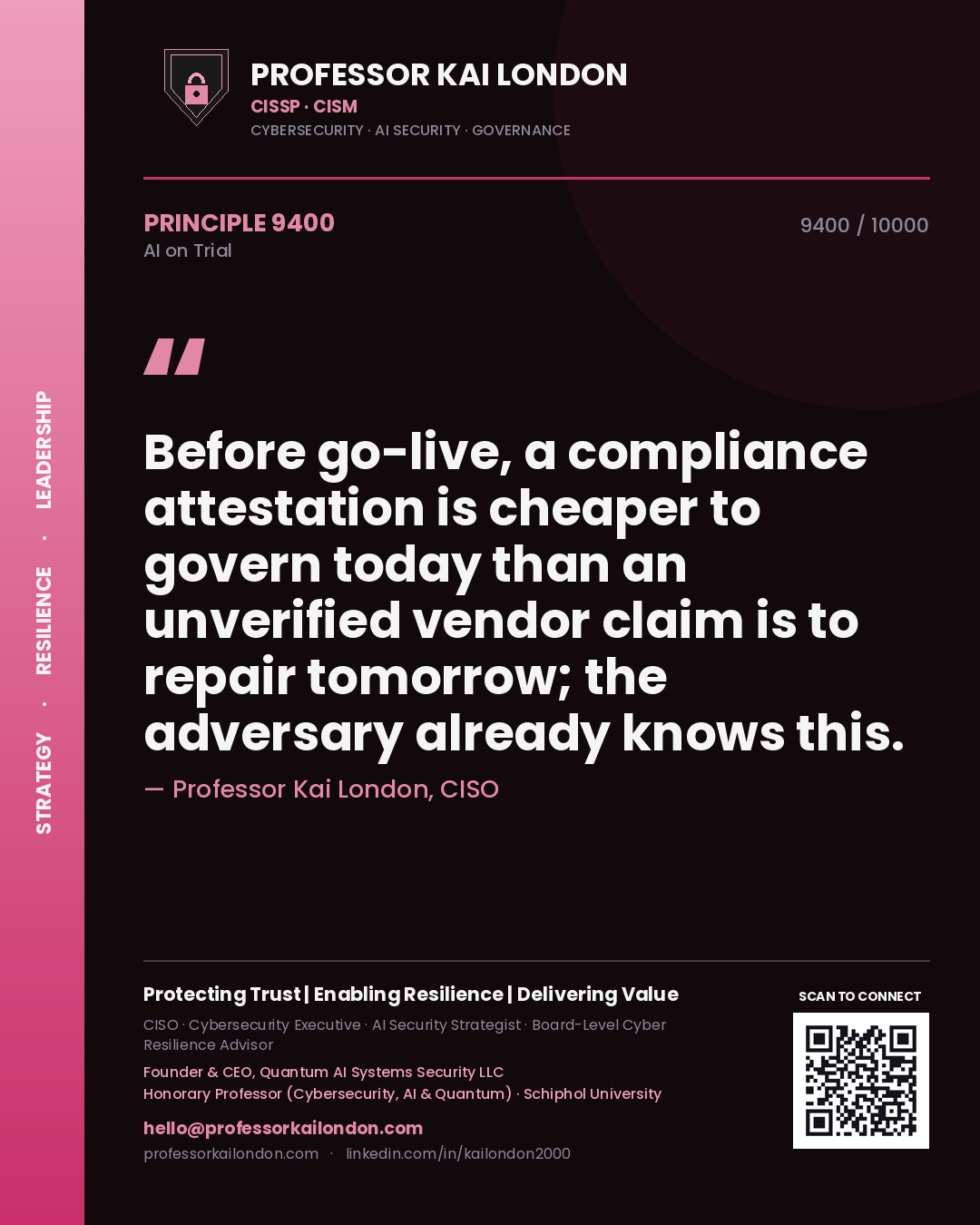 Quote card by Professor Kai London reading 'Before go-live, a compliance attestation is cheaper to govern today than an unverified vendor claim is to repair tomorrow; the adversary already knows this.'. From the book AI on Trial.