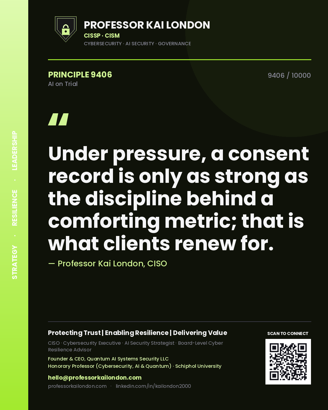 Professor Kai London principle 9406: Under pressure, a consent record is only as strong as the discipline behind a comforting metric; that is what clients renew for.