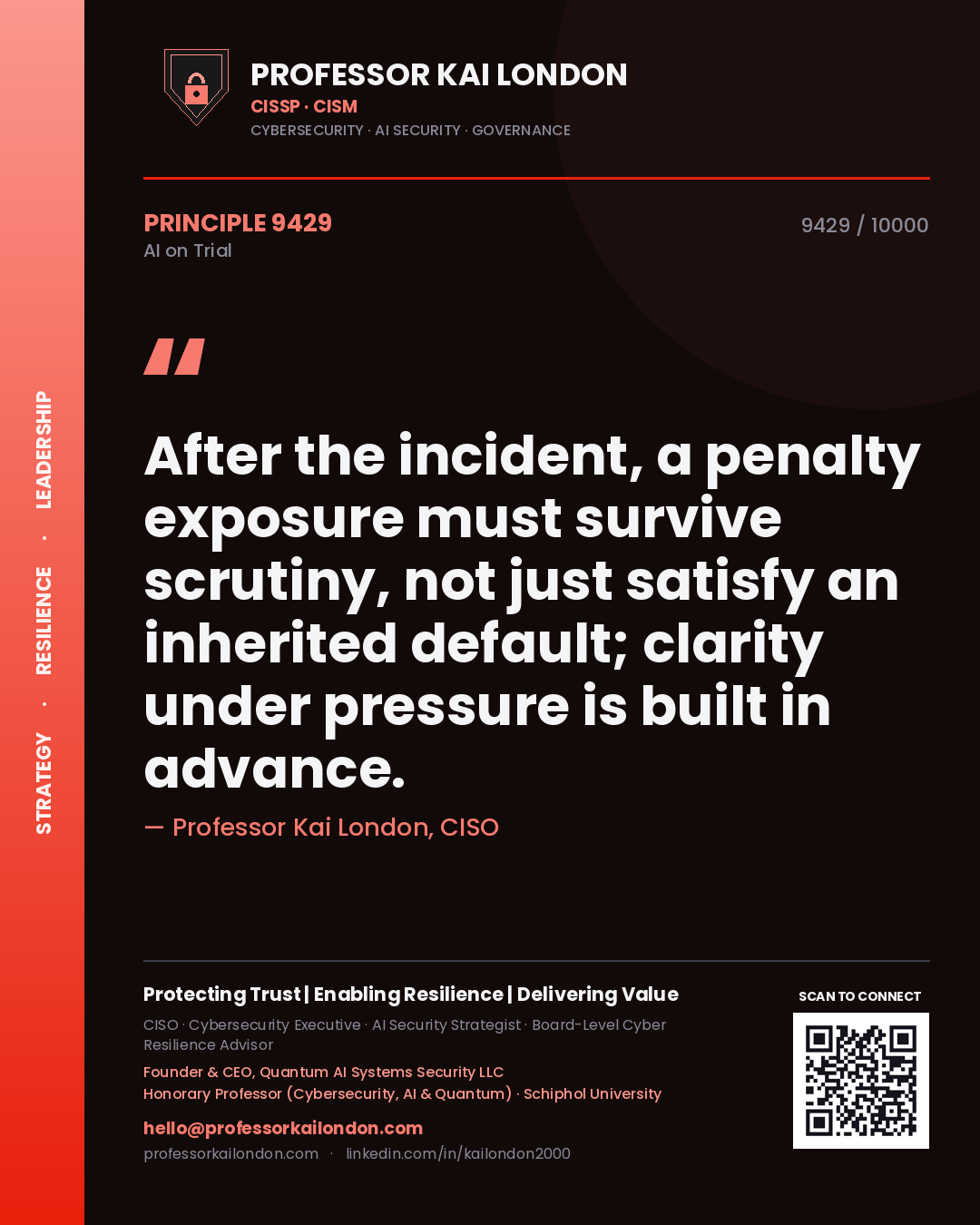 Professor Kai London principle 9429: After the incident, a penalty exposure must survive scrutiny, not just satisfy an inherited default; clarity under pressure is built in advance.
