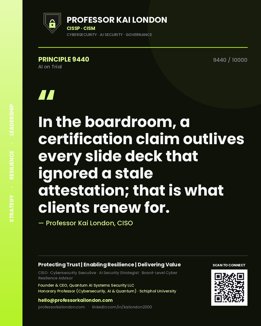 Quote card by Professor Kai London reading 'In the boardroom, a certification claim outlives every slide deck that ignored a stale attestation; that is what clients renew for.'. From the book AI on Trial.