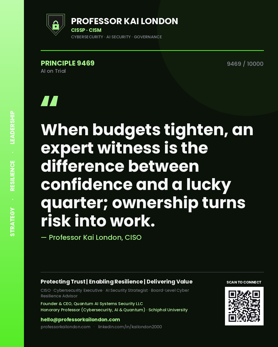 Quote card by Professor Kai London reading 'When budgets tighten, an expert witness is the difference between confidence and a lucky quarter; ownership turns risk into work.'. From the book AI on Trial.