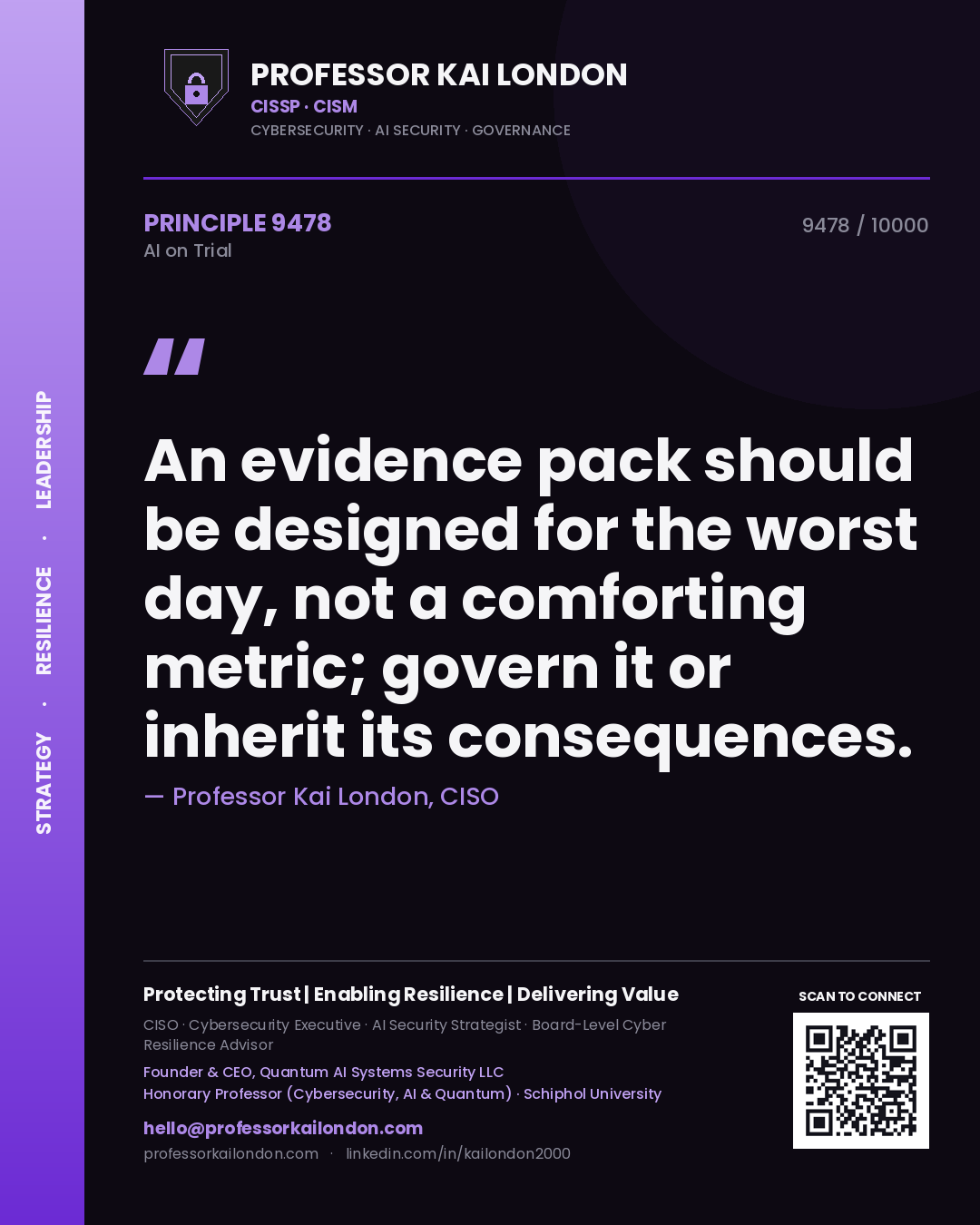 Quote card by Professor Kai London reading 'An evidence pack should be designed for the worst day, not a comforting metric; govern it or inherit its consequences.'. From the book AI on Trial.