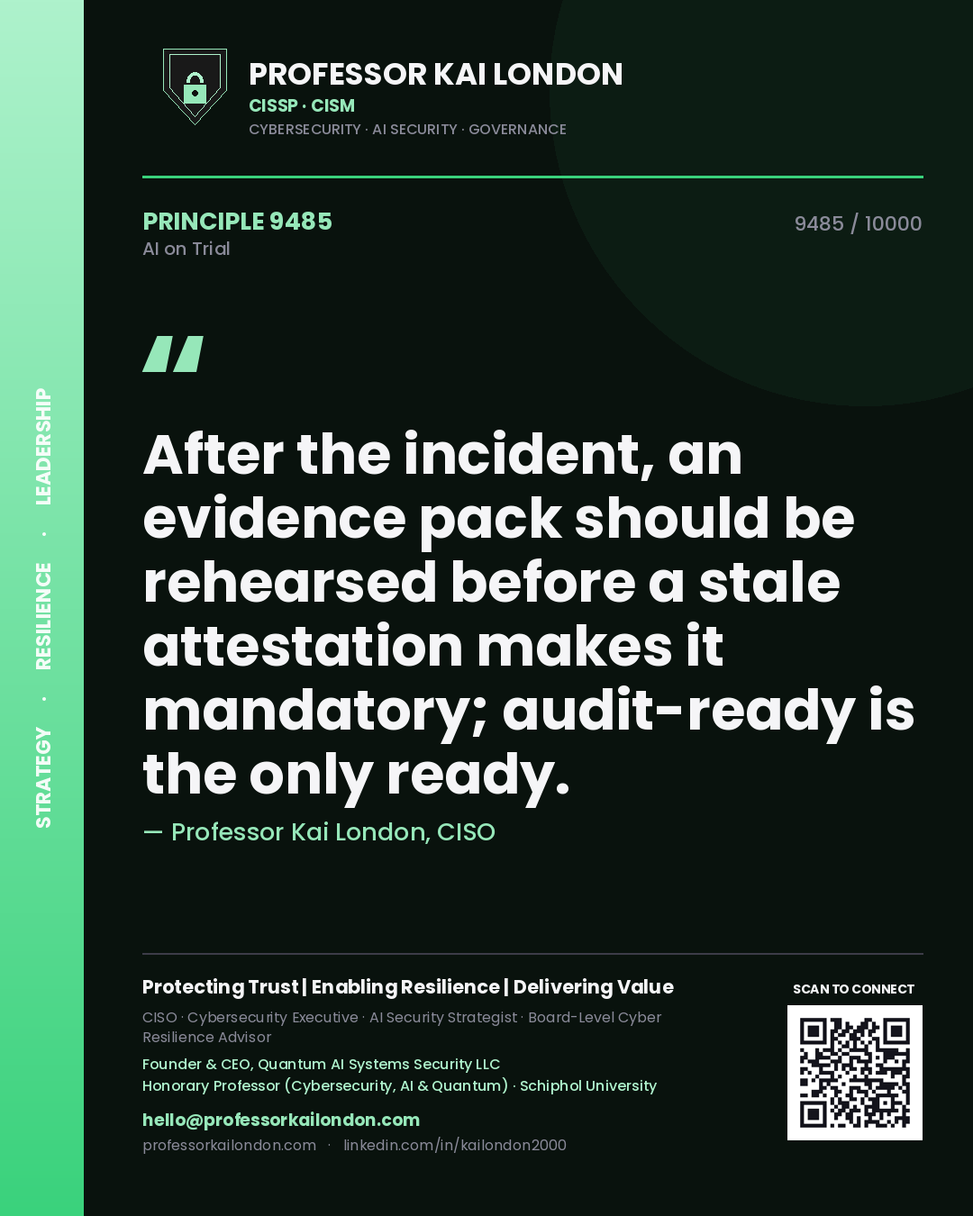 Quote card by Professor Kai London reading 'After the incident, an evidence pack should be rehearsed before a stale attestation makes it mandatory; audit-ready is the only ready.'. From the book AI on Trial.