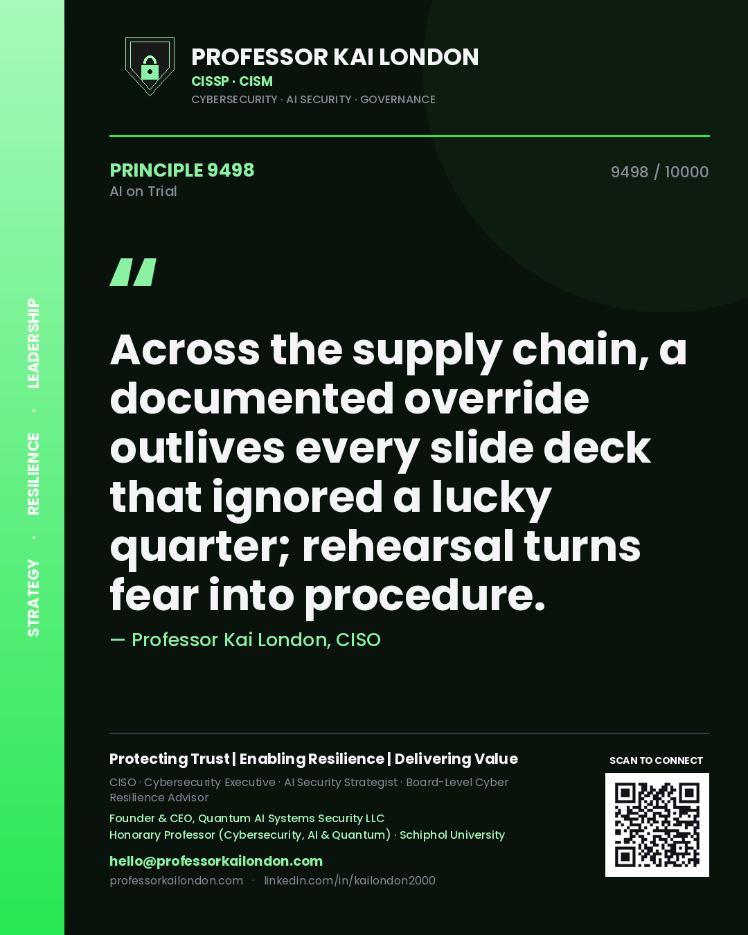 Quote card by Professor Kai London reading 'Across the supply chain, a documented override outlives every slide deck that ignored a lucky quarter; rehearsal turns fear into procedure.'. From the book AI on Trial.