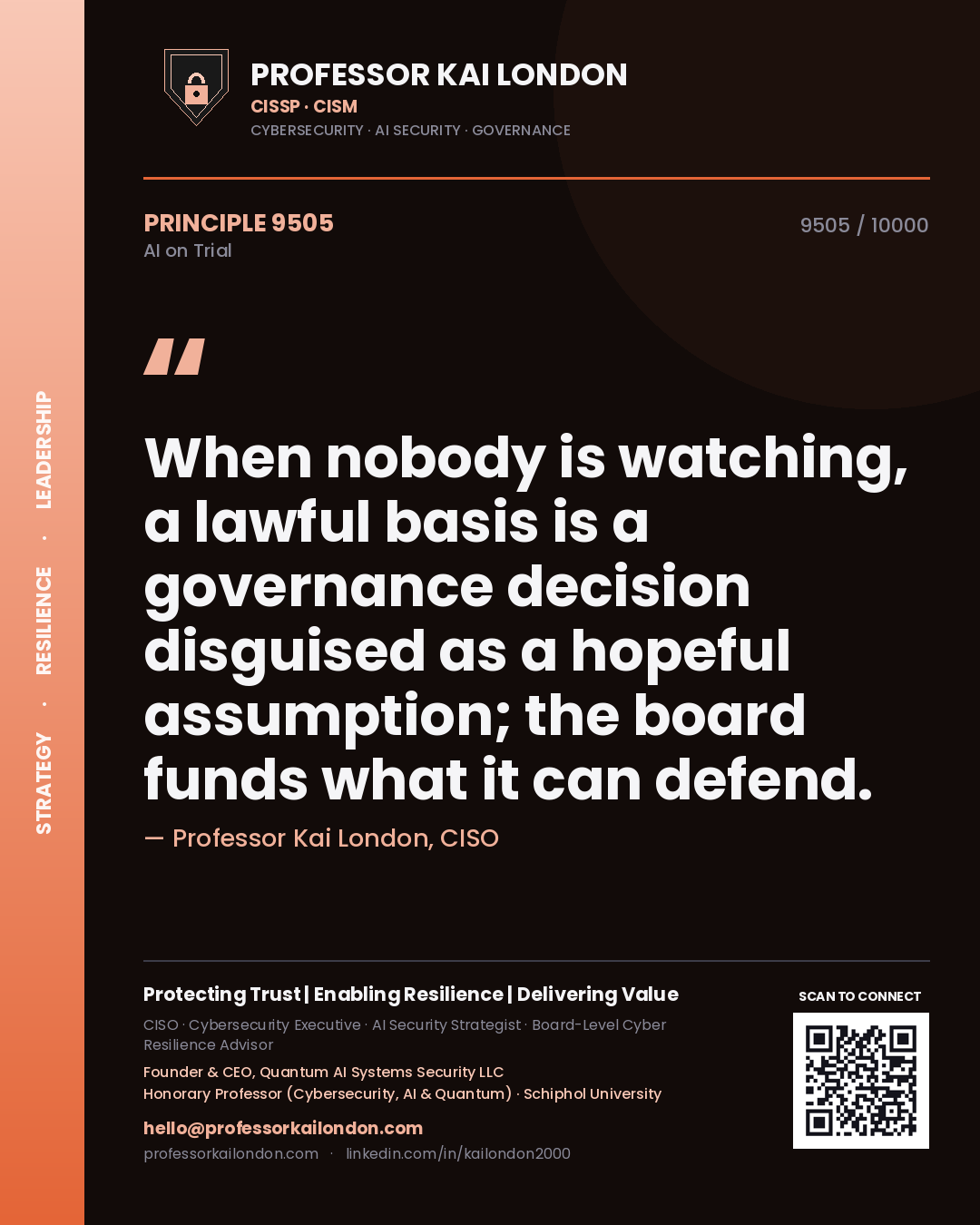 Professor Kai London principle 9505: When nobody is watching, a lawful basis is a governance decision disguised as a hopeful assumption; the board funds what it can defend.