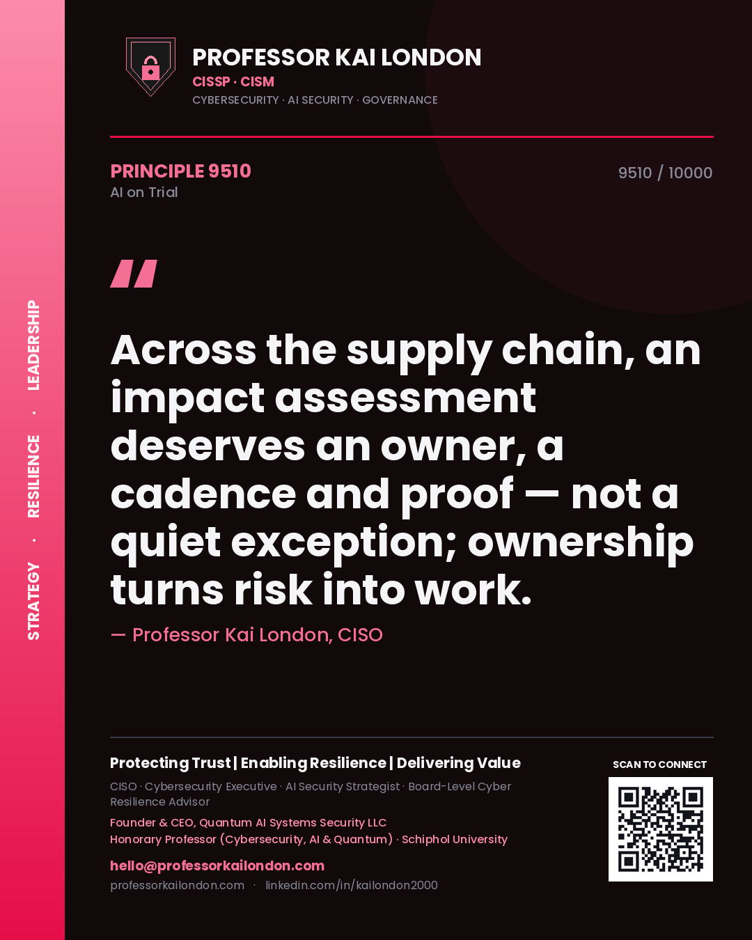 Professor Kai London principle 9510: Across the supply chain, an impact assessment deserves an owner, a cadence and proof — not a quiet exception; ownership turns risk into work.