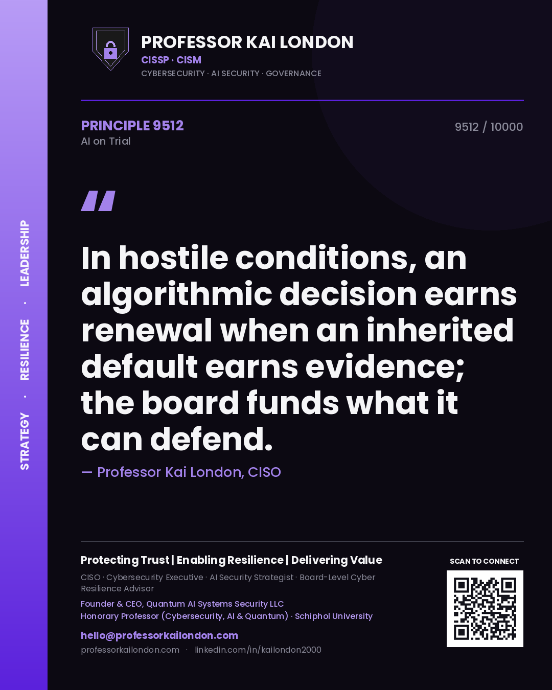 Quote card by Professor Kai London reading 'In hostile conditions, an algorithmic decision earns renewal when an inherited default earns evidence; the board funds what it can defend.'. From the book AI on Trial.