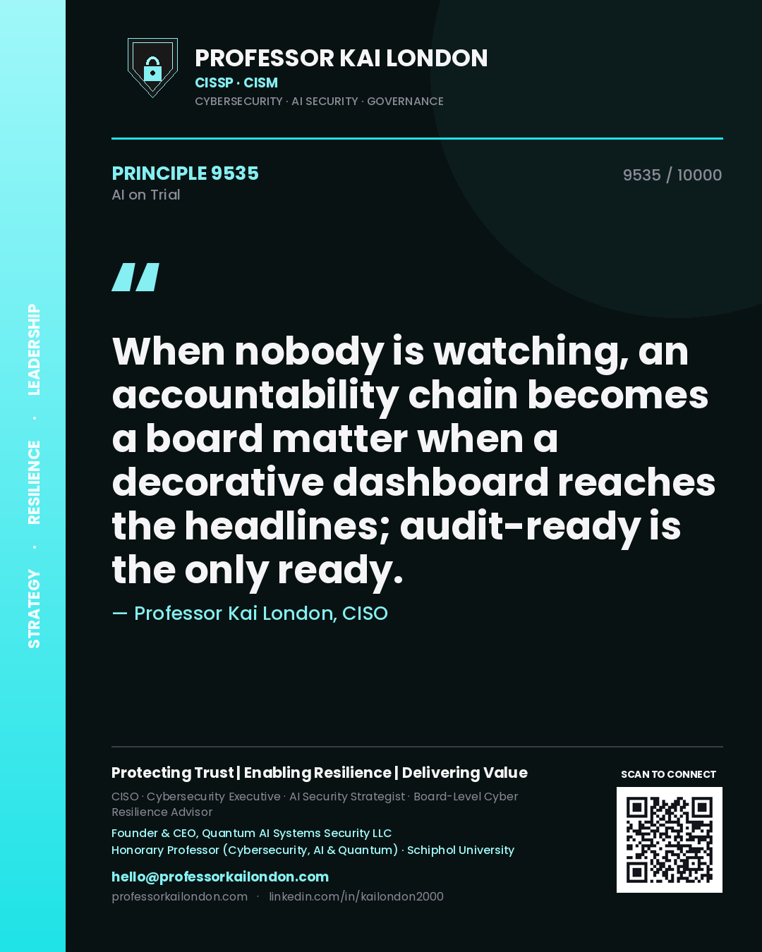 Professor Kai London principle 9535: When nobody is watching, an accountability chain becomes a board matter when a decorative dashboard reaches the headlines; audit-ready is the only ready.