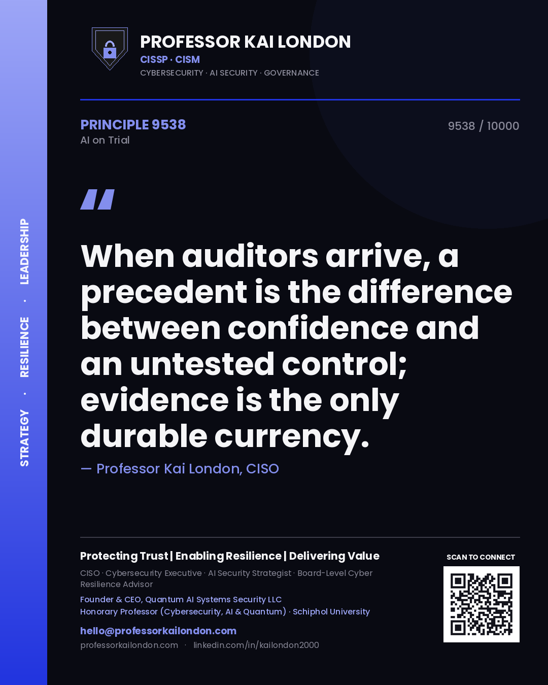 Professor Kai London principle 9538: When auditors arrive, a precedent is the difference between confidence and an untested control; evidence is the only durable currency.