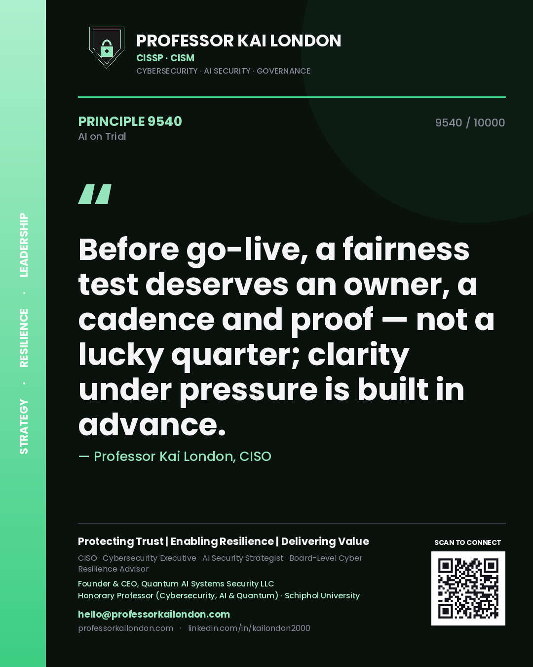 Quote card by Professor Kai London reading 'Before go-live, a fairness test deserves an owner, a cadence and proof — not a lucky quarter; clarity under pressure is built in advance.'. From the book AI on Trial.
