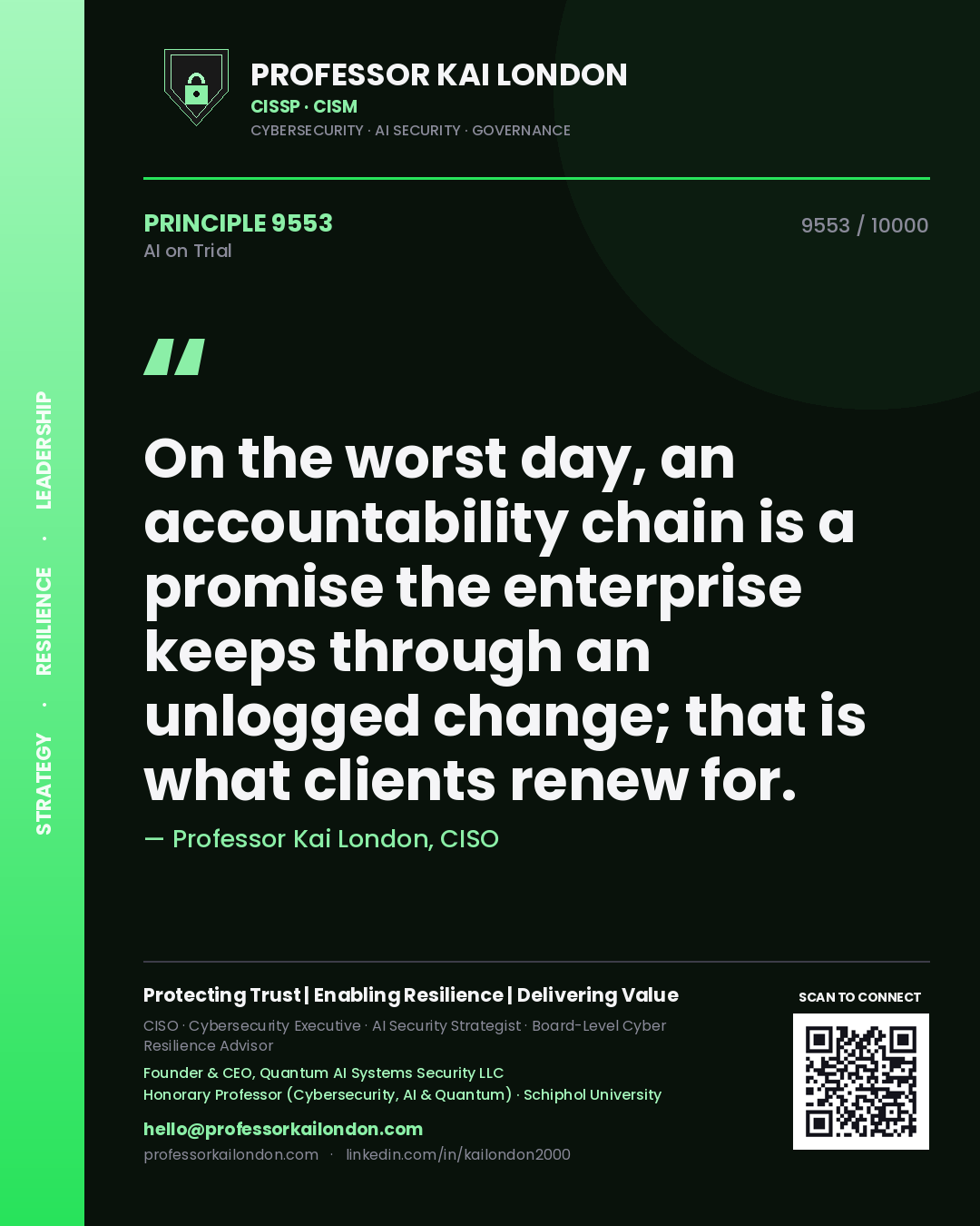 Quote card by Professor Kai London reading 'On the worst day, an accountability chain is a promise the enterprise keeps through an unlogged change; that is what clients renew for.'. From the book AI on Trial.