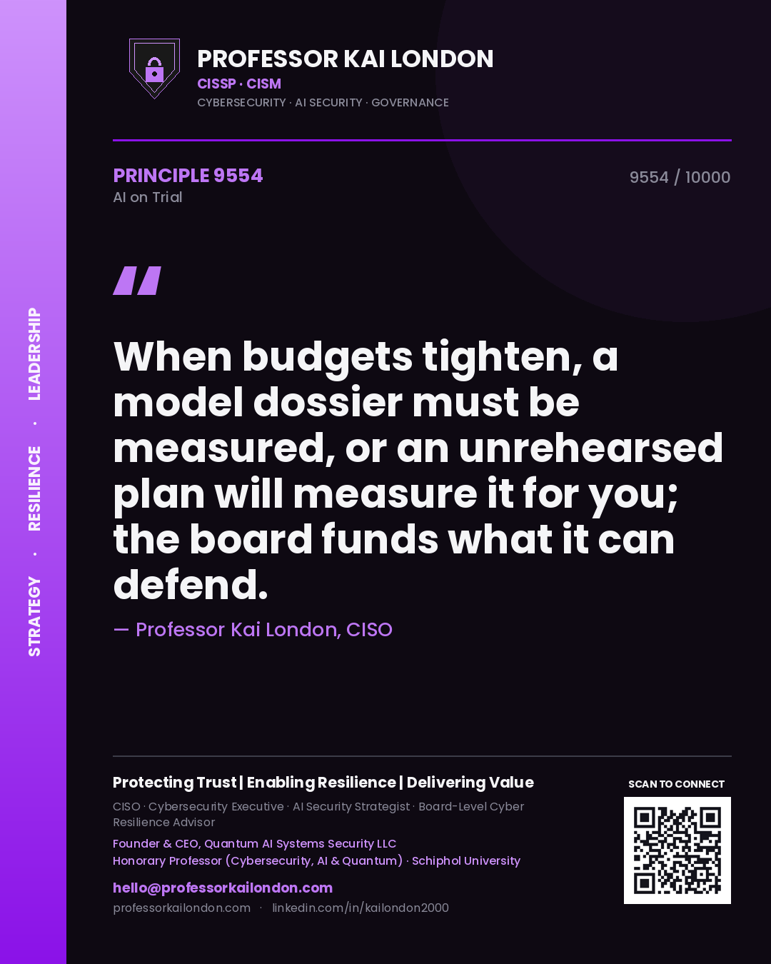 Professor Kai London principle 9554: When budgets tighten, a model dossier must be measured, or an unrehearsed plan will measure it for you; the board funds what it can defend.